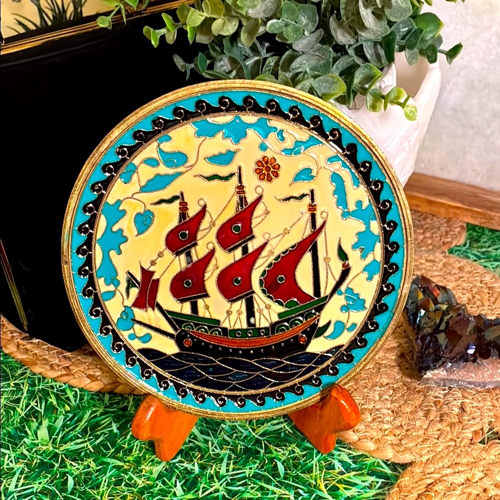 Vintage Nautical Greek Brass Plate with intricate cloisonné art work detailing